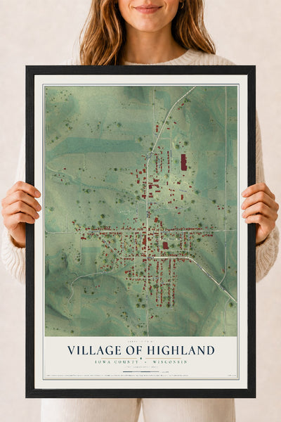 Map of Highland, Wisconsin, 18 x 24 inch print in a black wood frame