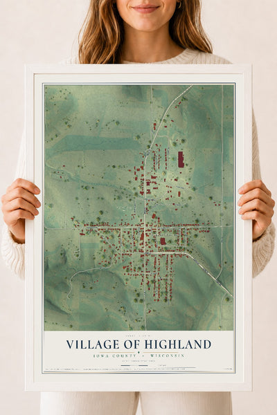 Map of Highland, Wisconsin, 18 x 24 inch print in a white wood frame