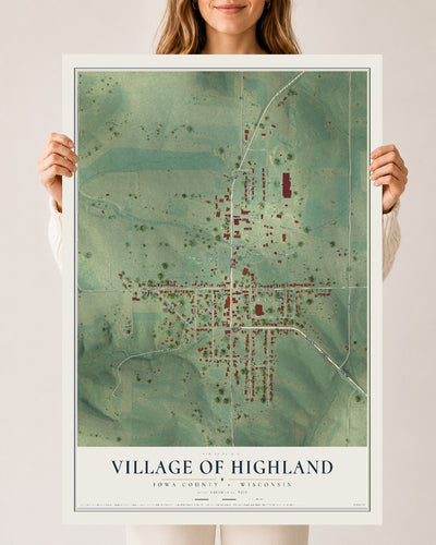Map of Highland, Wisconsin, 24 x 36 inch unframed archival matte print