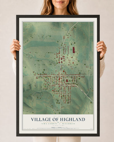 Map of Highland, Wisconsin, 24 x 36 inch print in a black wood frame