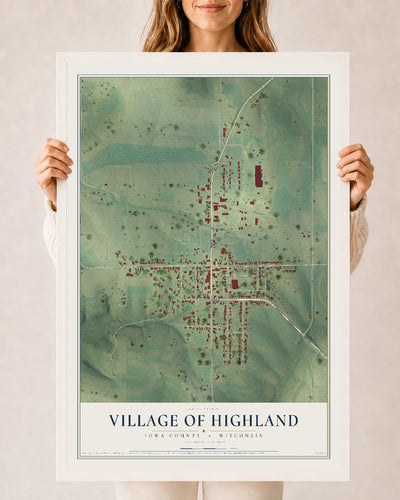 Map of Highland, Wisconsin, 24 x 36 inch print in a white wood frame