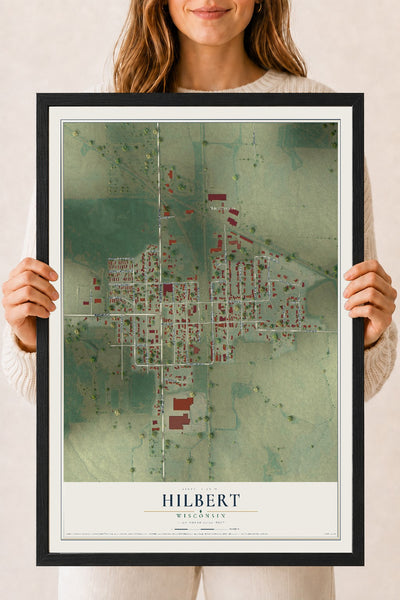 Map of Hilbert, Wisconsin, 18 x 24 inch print in a black wood frame