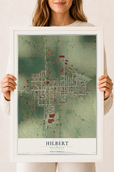 Map of Hilbert, Wisconsin, 18 x 24 inch print in a white wood frame