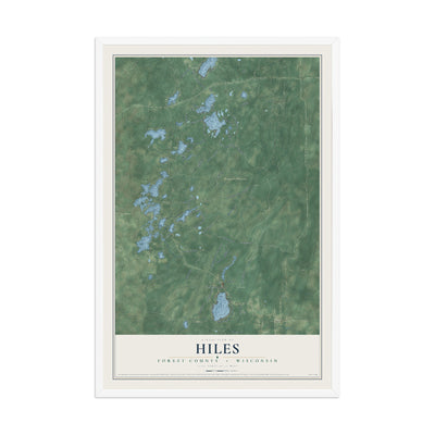 Map of Hiles, Forest County, Wisconsin, 12 x 18 inch print in a white wood frame