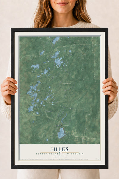 Map of Hiles, Forest County, Wisconsin, 18 x 24 inch print in a black wood frame