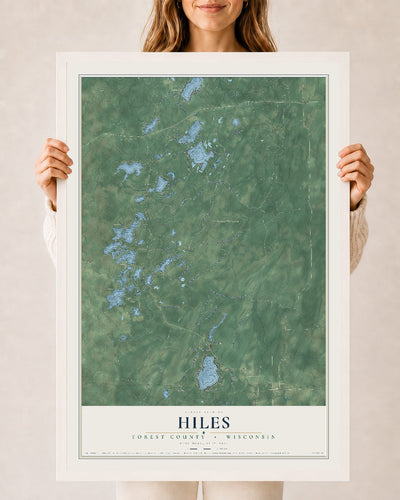 Map of Hiles, Forest County, Wisconsin, 24 x 36 inch print in a white wood frame