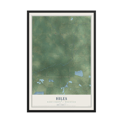 Map of Hiles, Wood County, Wisconsin, 12 x 18 inch print in a black wood frame