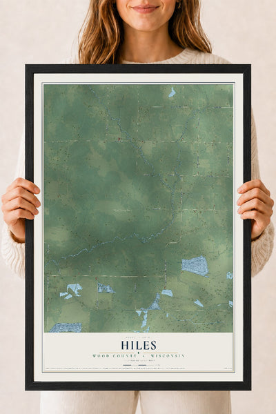 Map of Hiles, Wood County, Wisconsin, 18 x 24 inch print in a black wood frame
