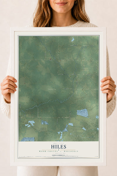 Map of Hiles, Wood County, Wisconsin, 18 x 24 inch print in a white wood frame
