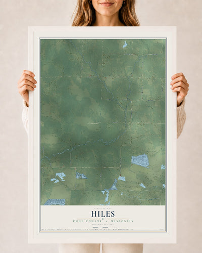 Map of Hiles, Wood County, Wisconsin, 24 x 36 inch print in a white wood frame