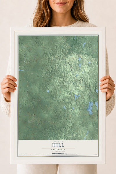 Map of Hill, Wisconsin, 18 x 24 inch print in a white wood frame