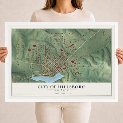 Map of Hillsboro, Wisconsin, 18 x 24 inch print in a white wood frame