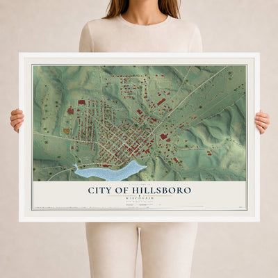 Map of Hillsboro, Wisconsin, 24 x 36 inch print in a white wood frame