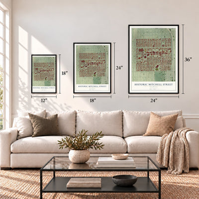 Historic Mitchell Street, Wisconsin map in 12 x 18, 18 x 24 and 24 x 36 inch sizes above a sofa