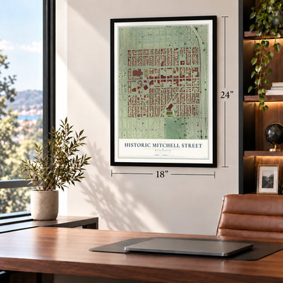 Historic Mitchell Street, Wisconsin map, 18 x 24 inch print in a black frame in a home office
