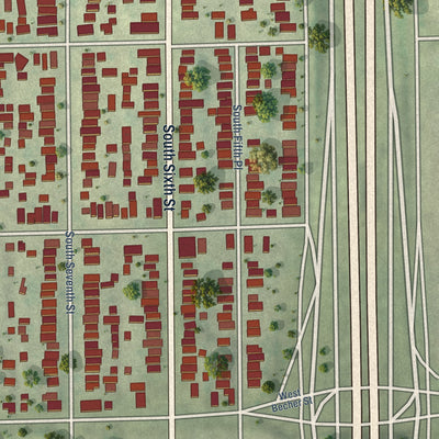 Close-up of the map of Historic Mitchell Street, Wisconsin print showing street and building detail