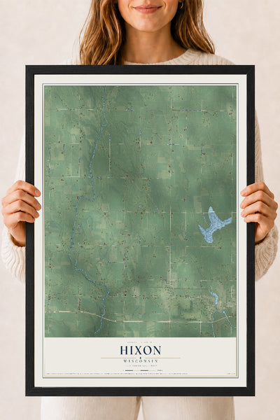 Map of Hixon, Wisconsin, 18 x 24 inch print in a black wood frame