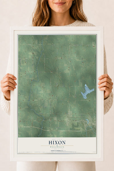 Map of Hixon, Wisconsin, 18 x 24 inch print in a white wood frame