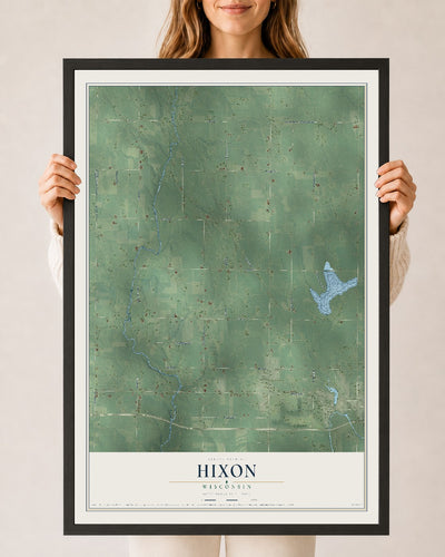 Map of Hixon, Wisconsin, 24 x 36 inch print in a black wood frame
