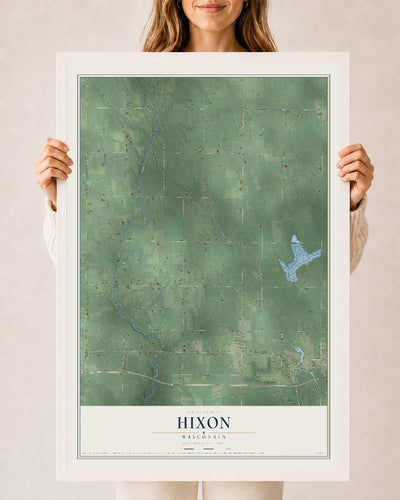 Map of Hixon, Wisconsin, 24 x 36 inch print in a white wood frame