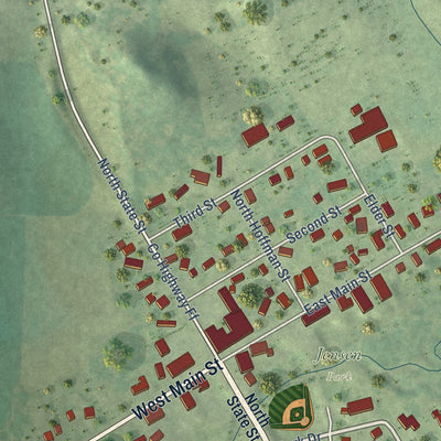 Close-up of the map of Hixton, Wisconsin print showing street and building detail