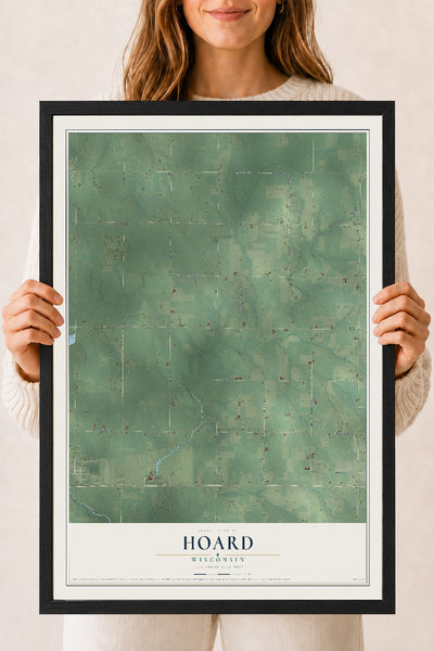Map of Hoard, Wisconsin, 18 x 24 inch print in a black wood frame