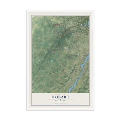 Map of Hobart, Wisconsin, 12 x 18 inch print in a white wood frame