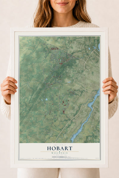 Map of Hobart, Wisconsin, 18 x 24 inch print in a white wood frame