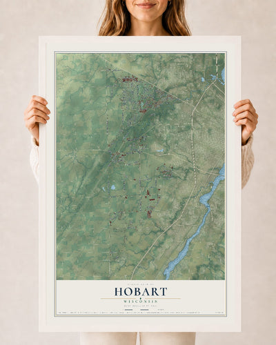 Map of Hobart, Wisconsin, 24 x 36 inch print in a white wood frame
