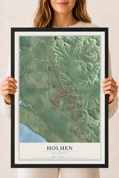 Map of Holmen, Wisconsin, 18 x 24 inch print in a black wood frame