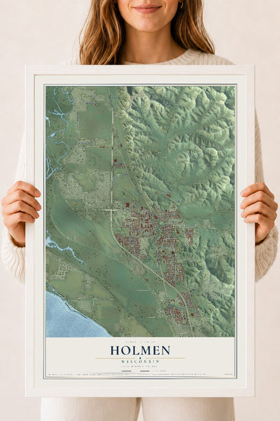 Map of Holmen, Wisconsin, 18 x 24 inch print in a white wood frame