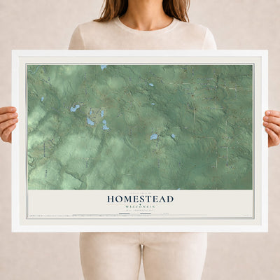 Map of Homestead, Wisconsin, 18 x 24 inch print in a white wood frame