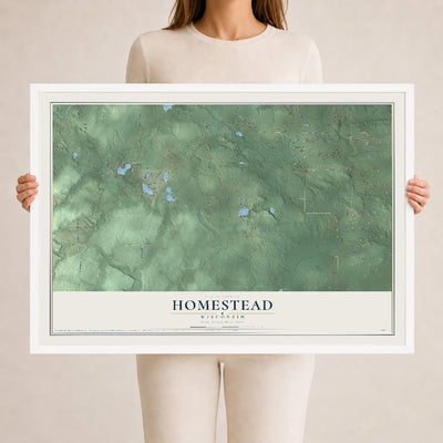 Map of Homestead, Wisconsin, 24 x 36 inch print in a white wood frame