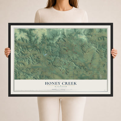 Map of Honey Creek, Wisconsin, 24 x 36 inch print in a black wood frame
