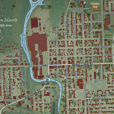 Close-up of the map of Horicon, Wisconsin print showing street and building detail