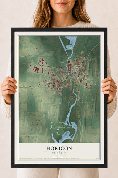 Map of Horicon, Wisconsin, 18 x 24 inch print in a black wood frame