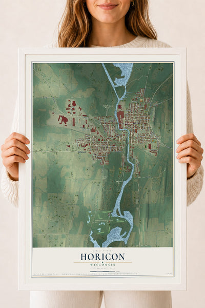 Map of Horicon, Wisconsin, 18 x 24 inch print in a white wood frame