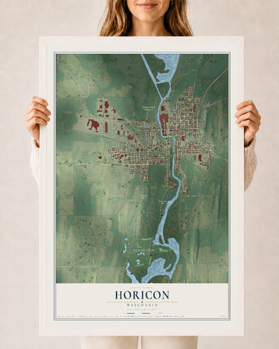 Map of Horicon, Wisconsin, 24 x 36 inch print in a white wood frame