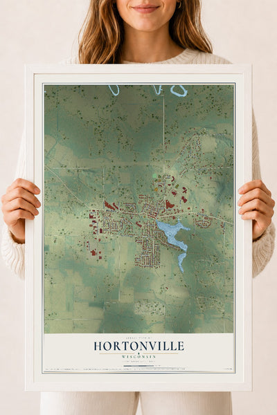 Map of Hortonville, Wisconsin, 18 x 24 inch print in a white wood frame