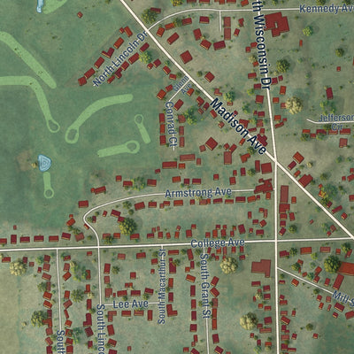 Close-up of the map of Howards Grove, Wisconsin print showing street and building detail