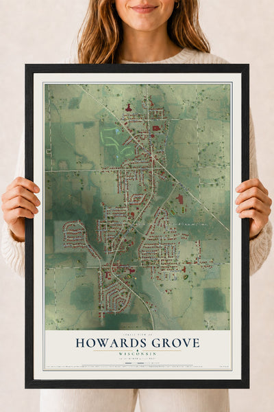 Map of Howards Grove, Wisconsin, 18 x 24 inch print in a black wood frame