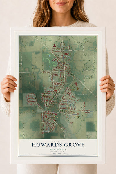 Map of Howards Grove, Wisconsin, 18 x 24 inch print in a white wood frame