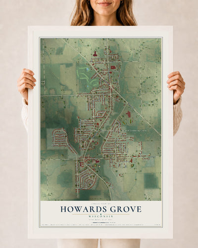 Map of Howards Grove, Wisconsin, 24 x 36 inch print in a white wood frame