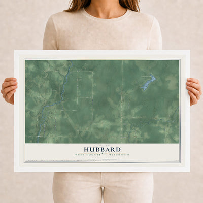 Map of Hubbard, Rusk County, Wisconsin, 12 x 18 inch print in a white wood frame