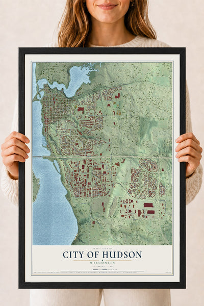 Map of Hudson, Wisconsin, 18 x 24 inch print in a black wood frame