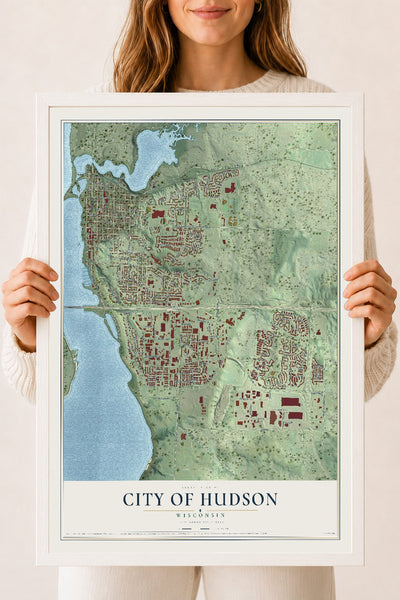 Map of Hudson, Wisconsin, 18 x 24 inch print in a white wood frame
