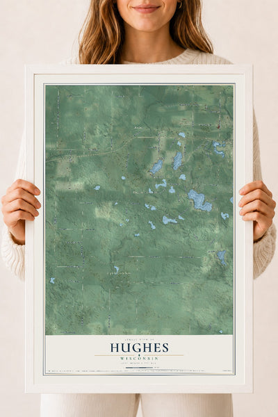 Map of Hughes, Wisconsin, 18 x 24 inch print in a white wood frame