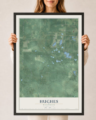 Map of Hughes, Wisconsin, 24 x 36 inch print in a black wood frame