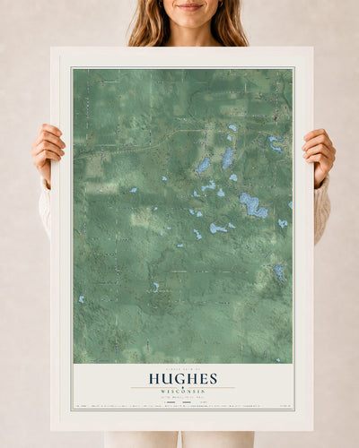 Map of Hughes, Wisconsin, 24 x 36 inch print in a white wood frame