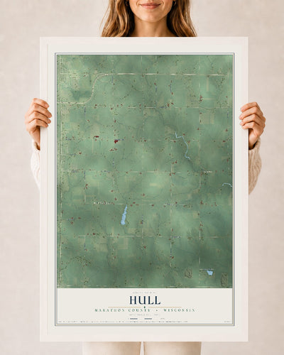 Map of Hull, Marathon County, Wisconsin, 24 x 36 inch print in a white wood frame